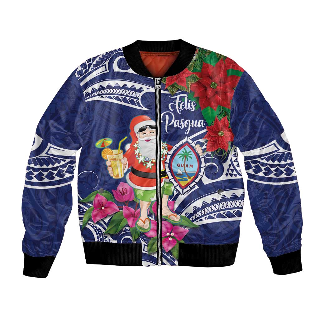 Guam Christmas Bomber Jacket Poinsettia With Bougainvillea - Felis Pasgua! LT14 Unisex Blue - Polynesian Pride