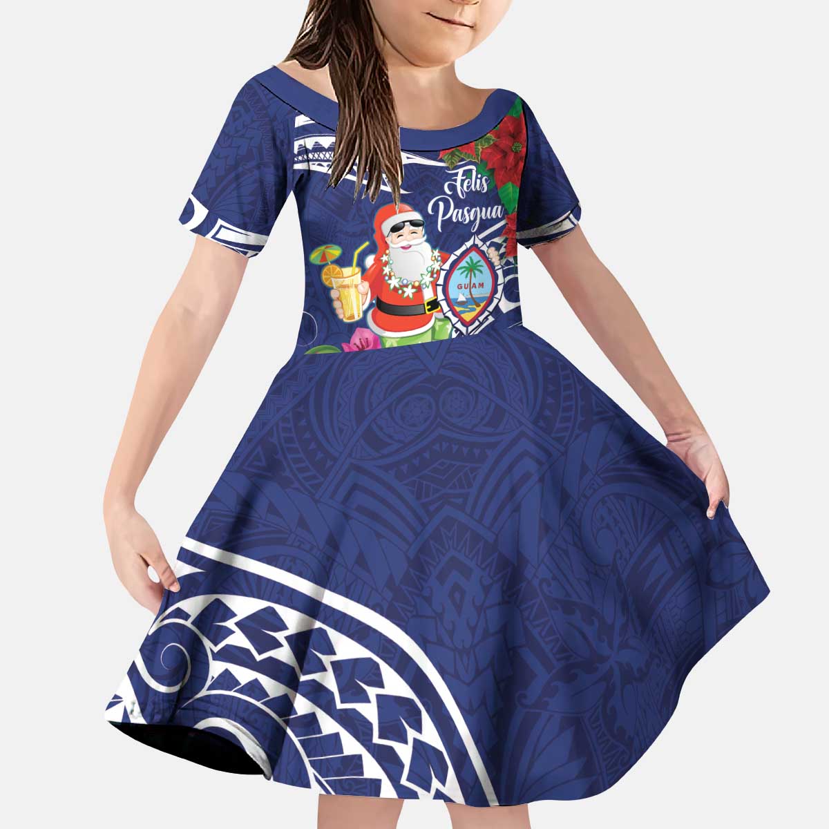 Guam Christmas Kid Short Sleeve Dress Poinsettia With Bougainvillea - Felis Pasgua! LT14 KID Blue - Polynesian Pride