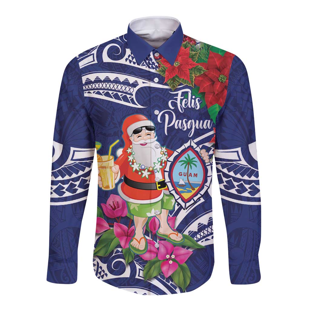 Guam Christmas Long Sleeve Button Shirt Poinsettia With Bougainvillea - Felis Pasgua! LT14 Unisex Blue - Polynesian Pride
