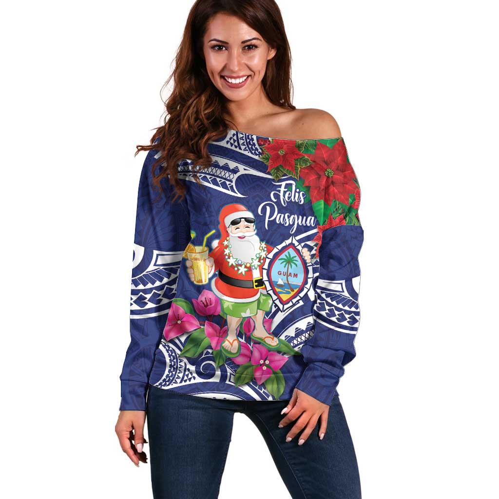Guam Christmas Off Shoulder Sweater Poinsettia With Bougainvillea - Felis Pasgua! LT14 Women Blue - Polynesian Pride