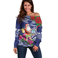 Guam Christmas Off Shoulder Sweater Poinsettia With Bougainvillea - Felis Pasgua! LT14 Women Blue - Polynesian Pride