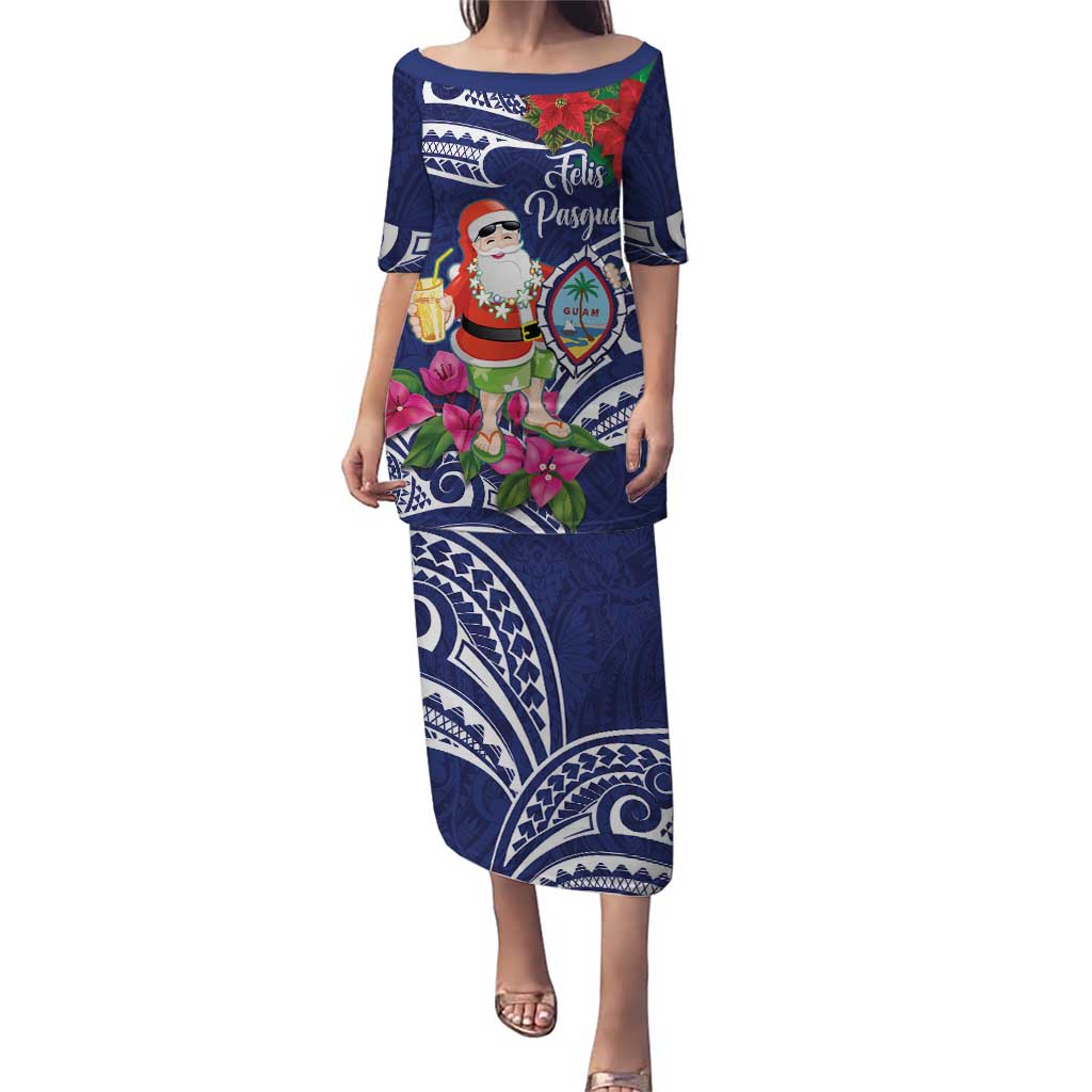 Guam Christmas Puletasi Poinsettia With Bougainvillea - Felis Pasgua! LT14 Long Dress Blue - Polynesian Pride
