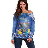 Personalised Hanukkah Jewish Festival Off Shoulder Sweater It's Lit - Polynesian Pattern LT14 Women Blue - Polynesian Pride