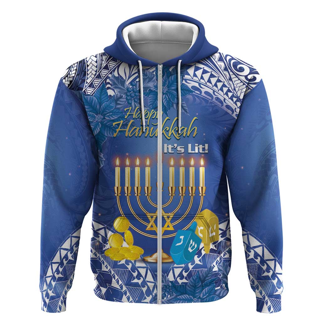 Personalised Hanukkah Jewish Festival Zip Hoodie It's Lit - Polynesian Pattern LT14 Zip Hoodie Blue - Polynesian Pride