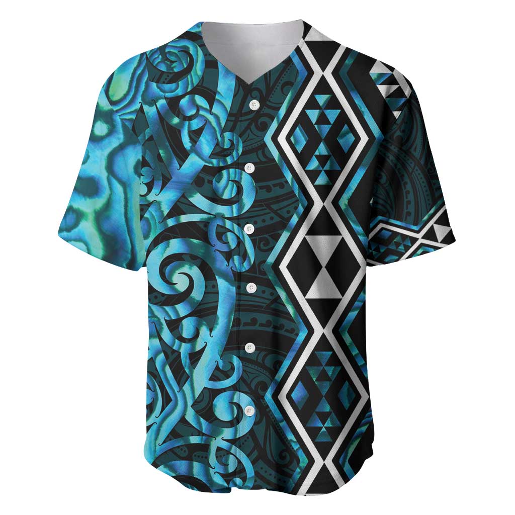 Turquoise Aotearoa Baseball Jersey Taniko Motifs With Paua Shell Kowhaiwhai