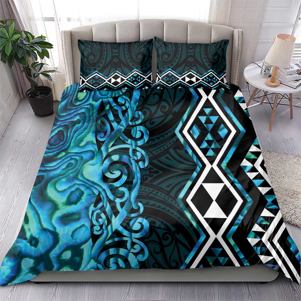 Turquoise Aotearoa Bedding Set Taniko Motifs With Paua Shell Kowhaiwhai LT14 - Polynesian Pride
