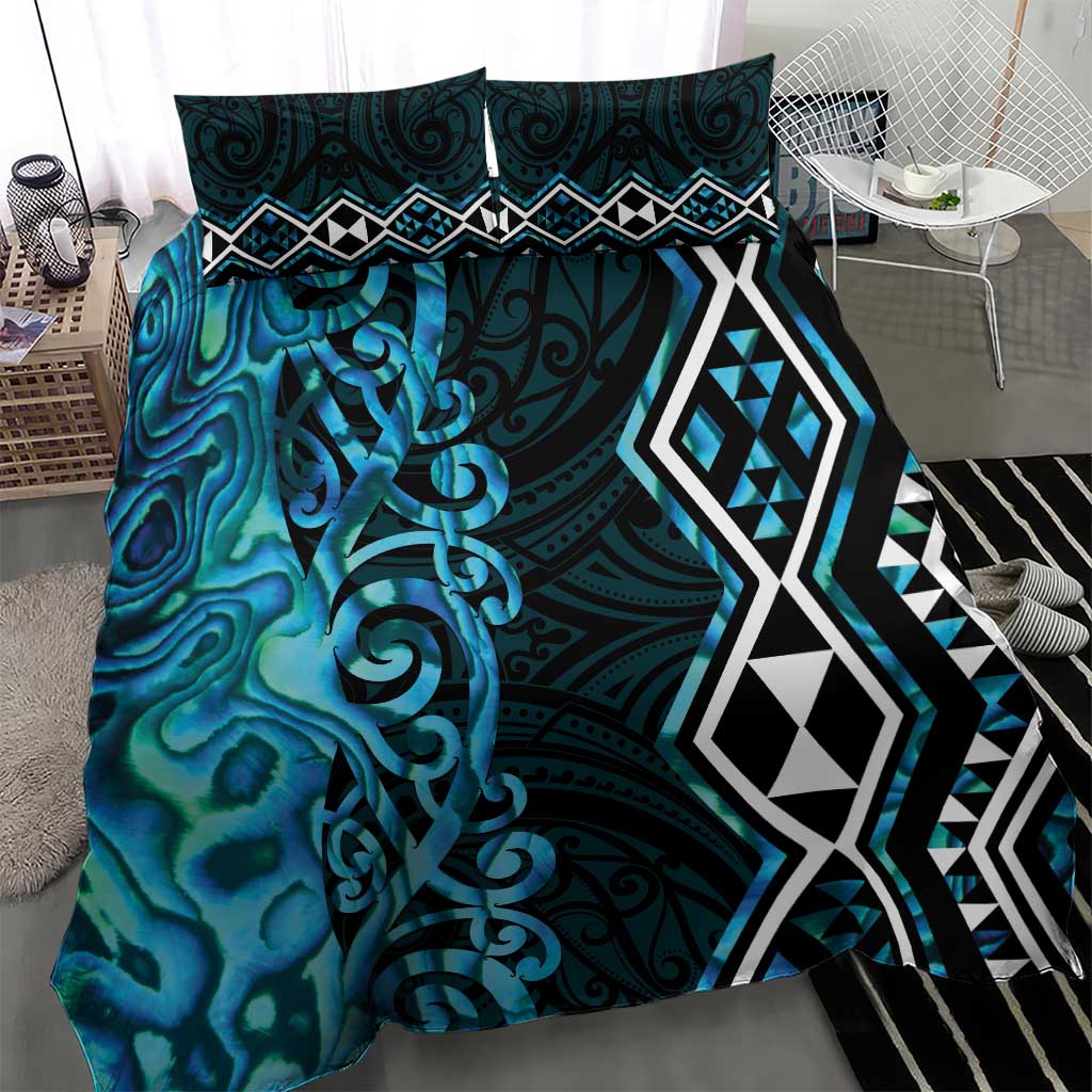 Turquoise Aotearoa Bedding Set Taniko Motifs With Paua Shell Kowhaiwhai LT14 - Polynesian Pride