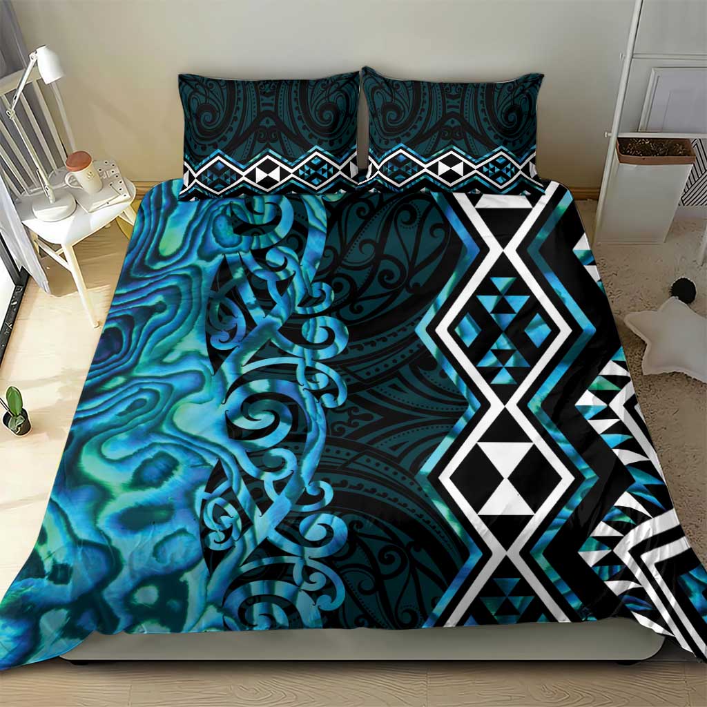 Turquoise Aotearoa Bedding Set Taniko Motifs With Paua Shell Kowhaiwhai LT14 - Polynesian Pride