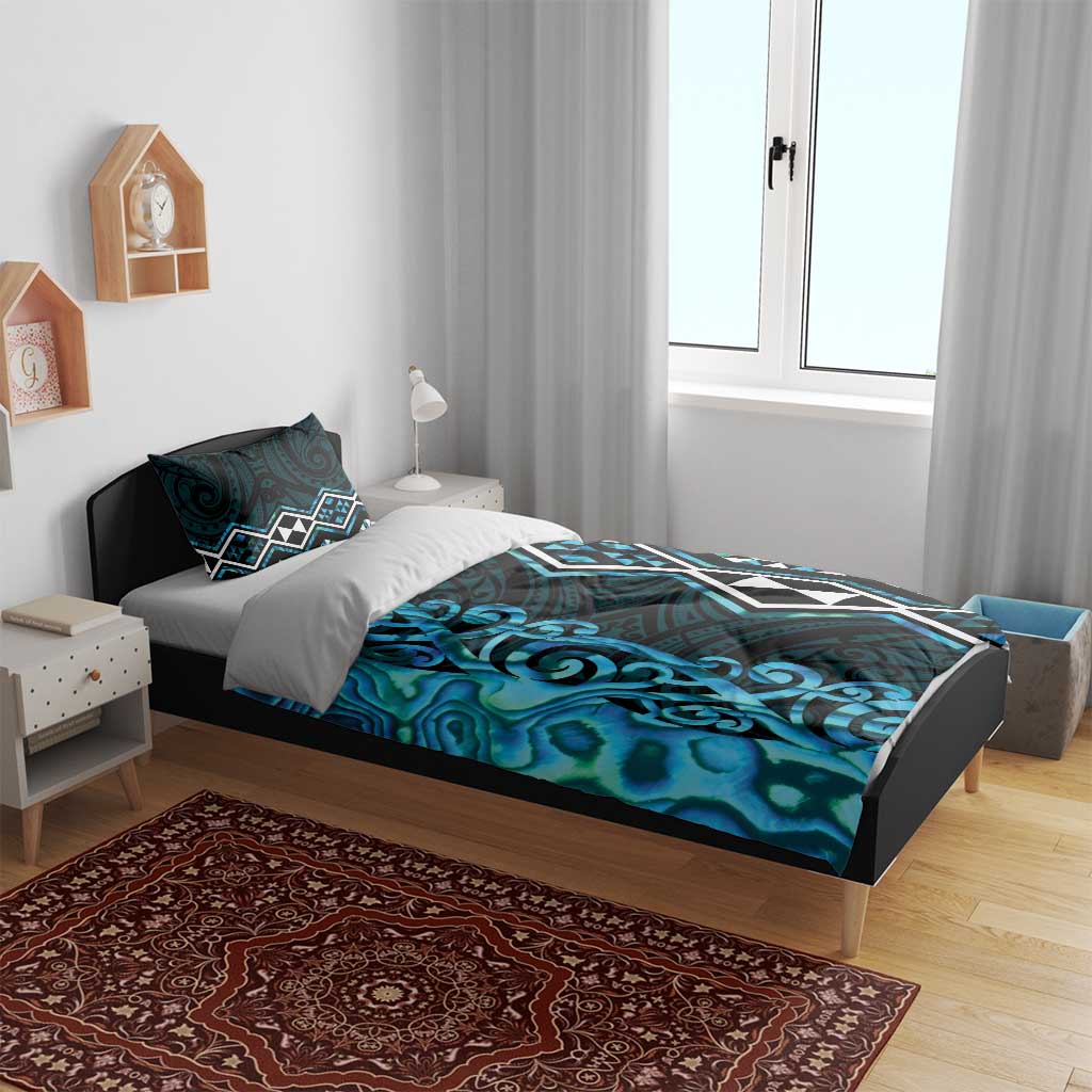 Turquoise Aotearoa Bedding Set Taniko Motifs With Paua Shell Kowhaiwhai LT14 - Polynesian Pride