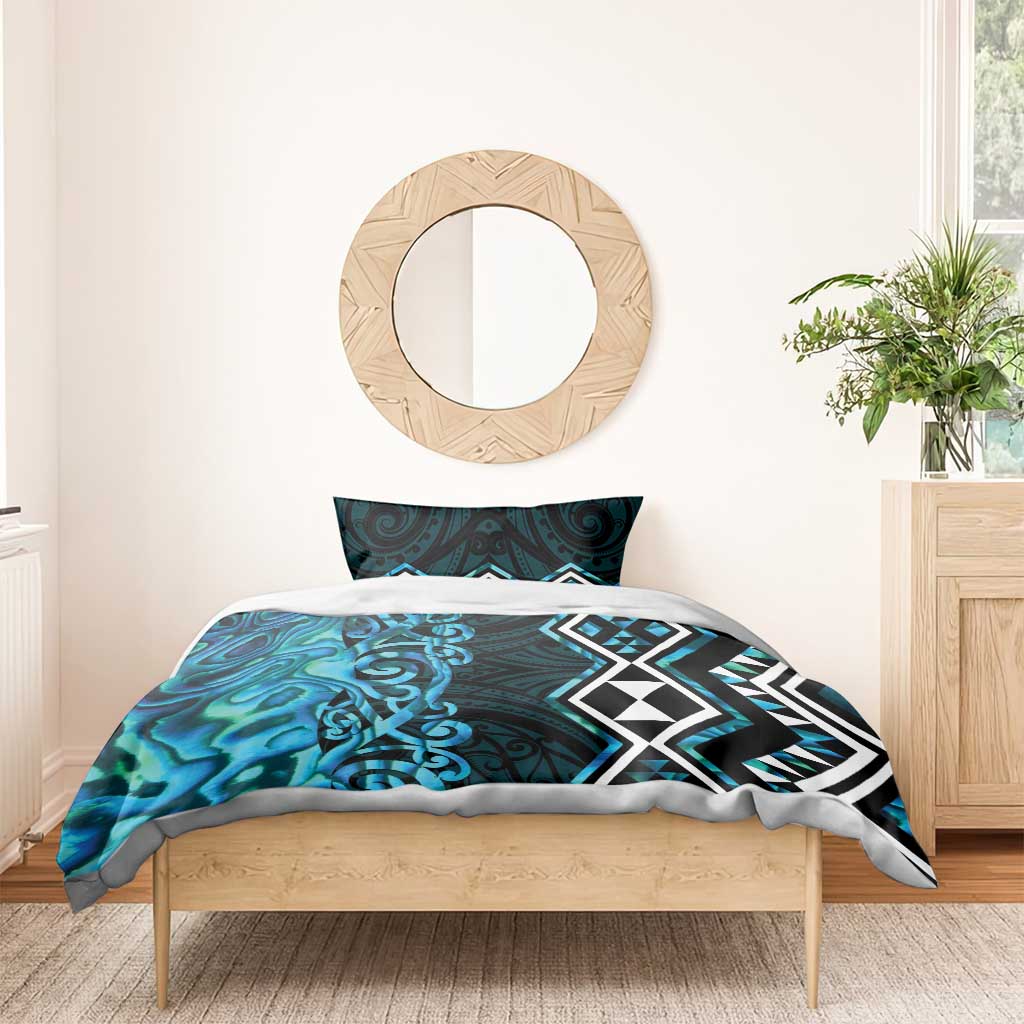 Turquoise Aotearoa Bedding Set Taniko Motifs With Paua Shell Kowhaiwhai LT14 - Polynesian Pride