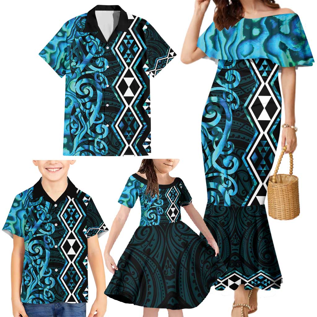 Turquoise Aotearoa Family Matching Mermaid Dress and Hawaiian Shirt Taniko Motifs With Paua Shell Kowhaiwhai