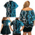 Turquoise Aotearoa Family Matching Off Shoulder Short Dress and Hawaiian Shirt Taniko Motifs With Paua Shell Kowhaiwhai