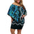 Turquoise Aotearoa Family Matching Off Shoulder Short Dress and Hawaiian Shirt Taniko Motifs With Paua Shell Kowhaiwhai