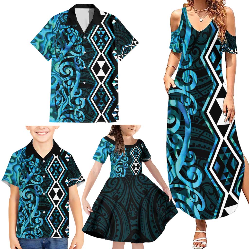 Turquoise Aotearoa Family Matching Summer Maxi Dress and Hawaiian Shirt Taniko Motifs With Paua Shell Kowhaiwhai