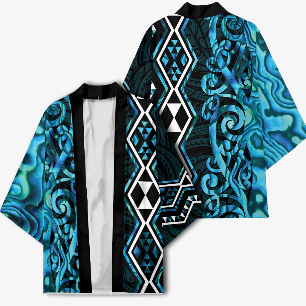 Turquoise Aotearoa Kimono Taniko Motifs With Paua Shell Kowhaiwhai LT14 - Polynesian Pride