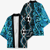 Turquoise Aotearoa Kimono Taniko Motifs With Paua Shell Kowhaiwhai LT14 - Polynesian Pride