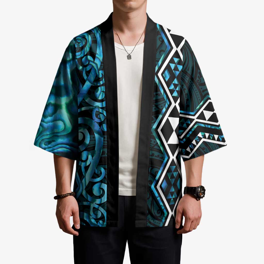 Turquoise Aotearoa Kimono Taniko Motifs With Paua Shell Kowhaiwhai LT14 - Polynesian Pride