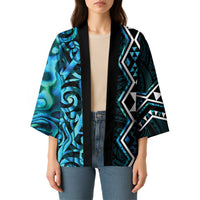 Turquoise Aotearoa Kimono Taniko Motifs With Paua Shell Kowhaiwhai LT14 - Polynesian Pride