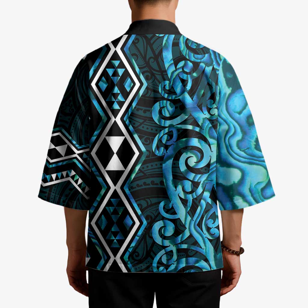 Turquoise Aotearoa Kimono Taniko Motifs With Paua Shell Kowhaiwhai LT14 - Polynesian Pride