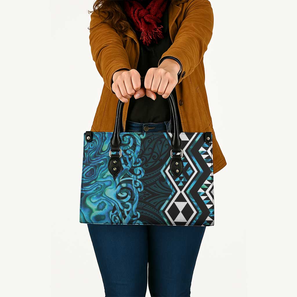 Turquoise Aotearoa Leather Bag Taniko Motifs With Paua Shell Kowhaiwhai LT14 - Polynesian Pride
