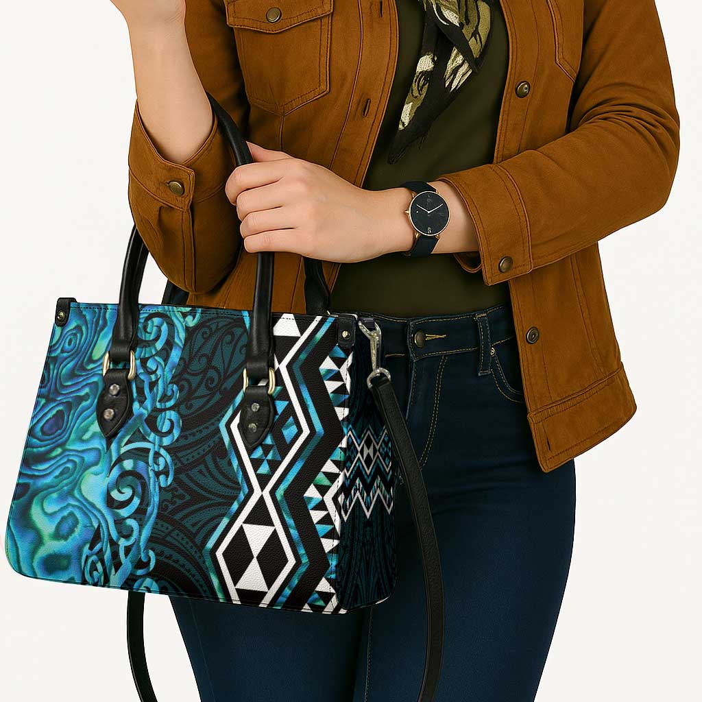 Turquoise Aotearoa Leather Bag Taniko Motifs With Paua Shell Kowhaiwhai LT14 - Polynesian Pride