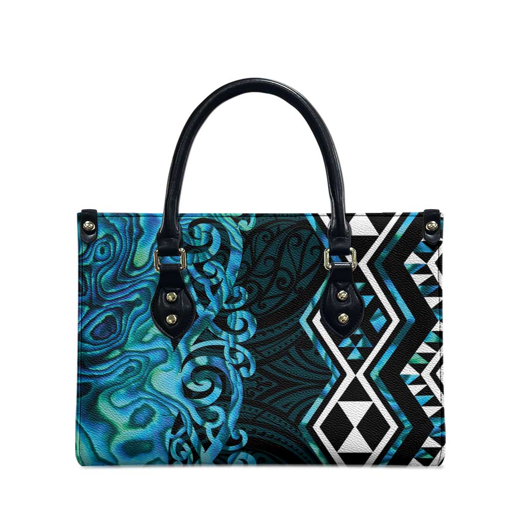 Turquoise Aotearoa Leather Bag Taniko Motifs With Paua Shell Kowhaiwhai LT14 - Polynesian Pride