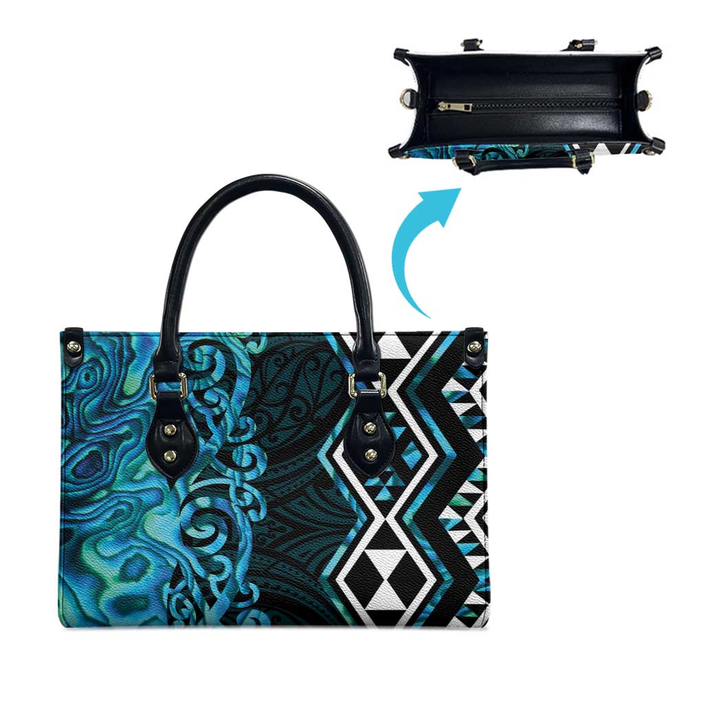 Turquoise Aotearoa Leather Bag Taniko Motifs With Paua Shell Kowhaiwhai LT14 - Polynesian Pride