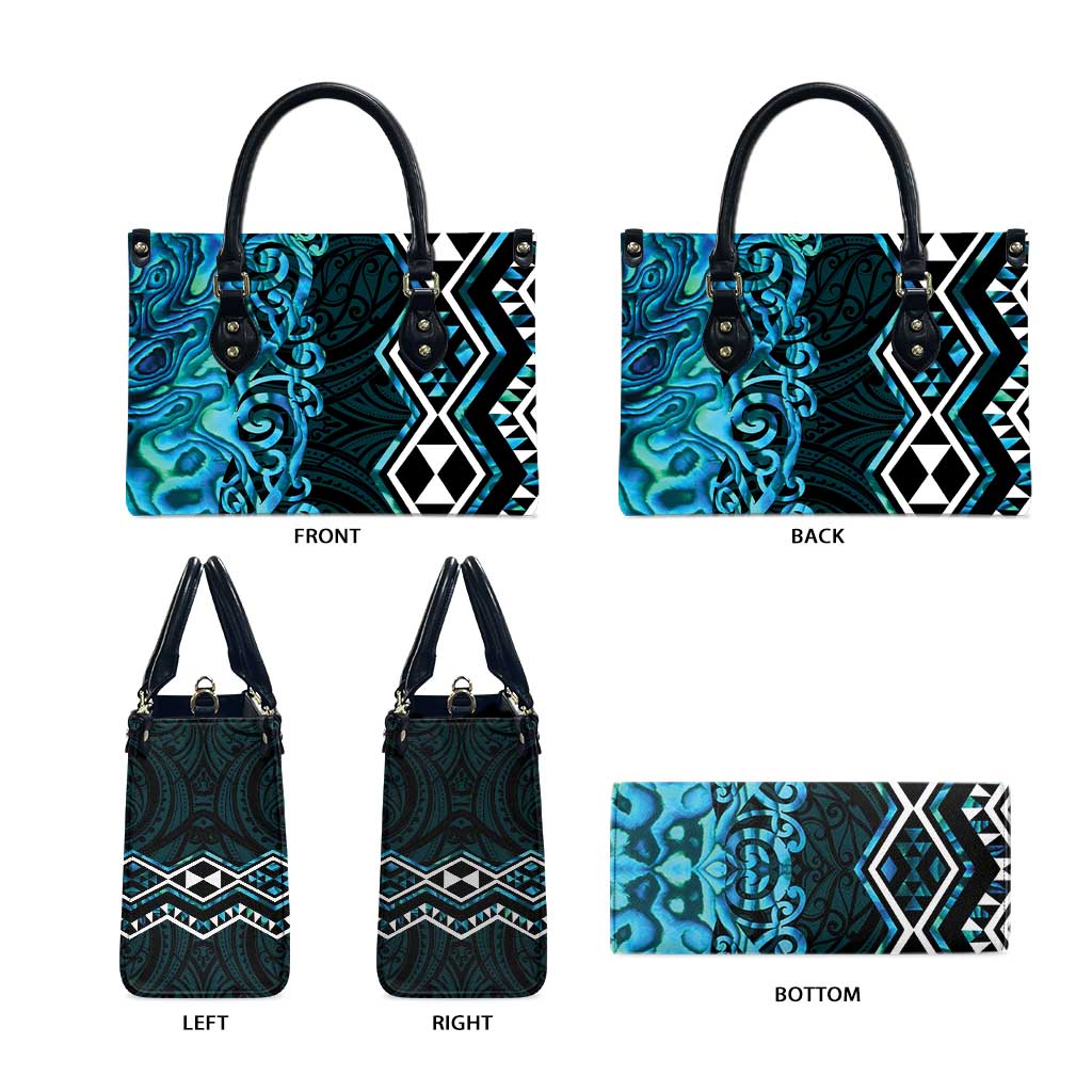 Turquoise Aotearoa Leather Bag Taniko Motifs With Paua Shell Kowhaiwhai LT14 - Polynesian Pride