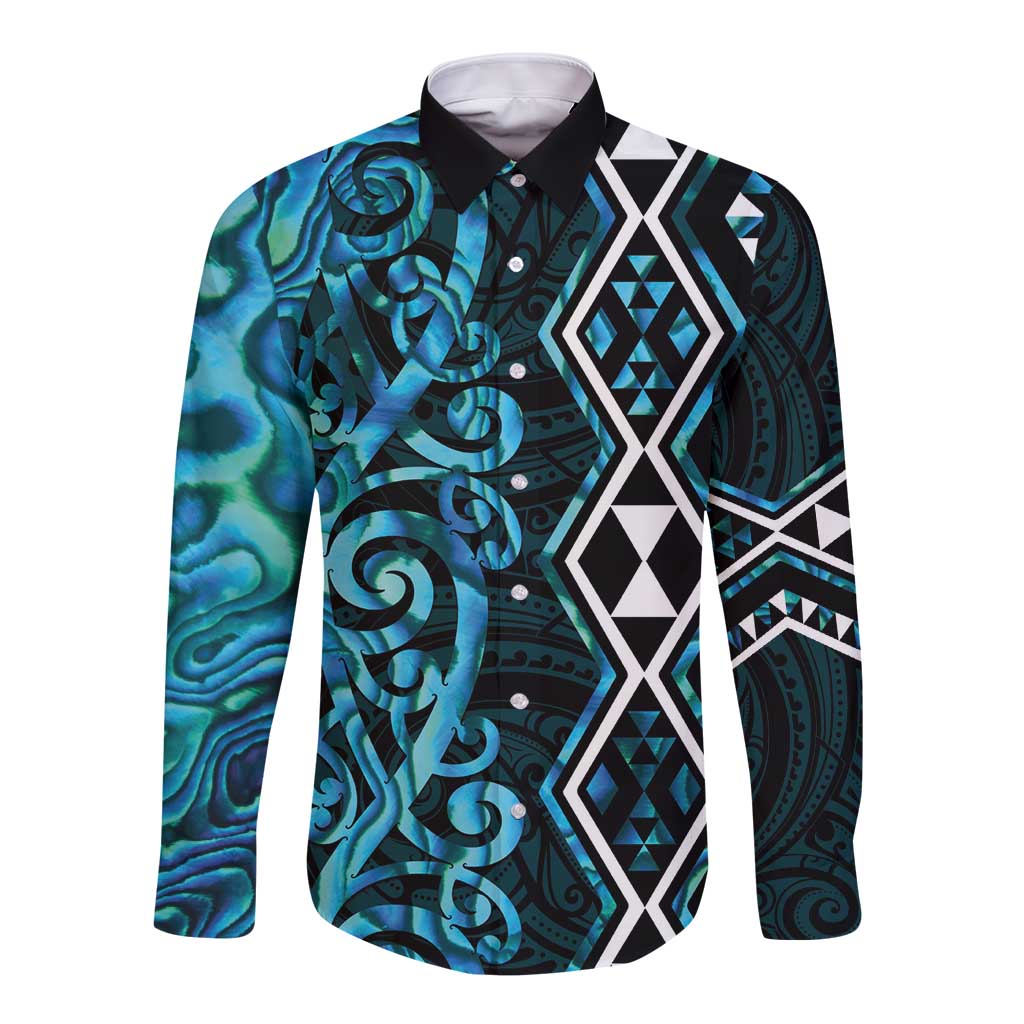 Turquoise Aotearoa Long Sleeve Button Shirt Taniko Motifs With Paua Shell Kowhaiwhai