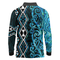 Turquoise Aotearoa Long Sleeve Polo Shirt Taniko Motifs With Paua Shell Kowhaiwhai LT14 - Polynesian Pride