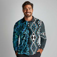 Turquoise Aotearoa Long Sleeve Polo Shirt Taniko Motifs With Paua Shell Kowhaiwhai LT14 - Polynesian Pride