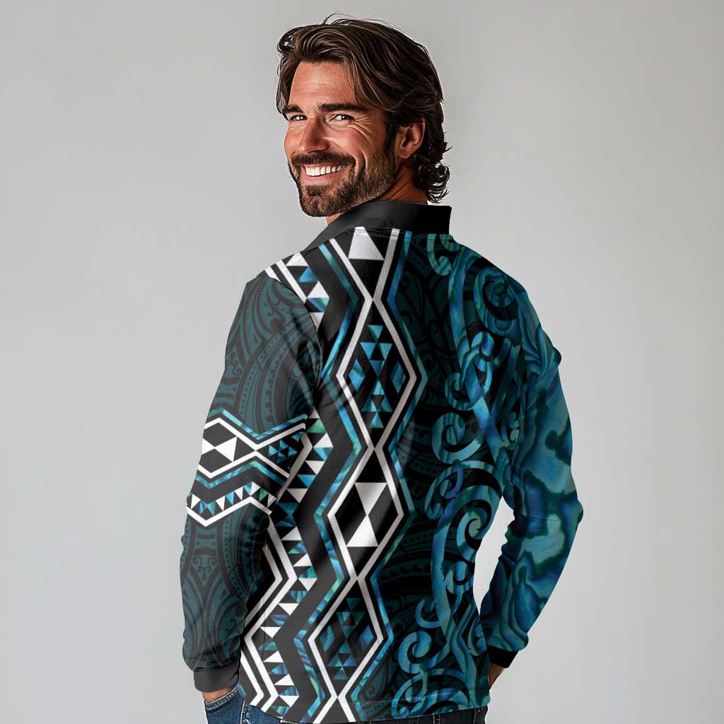 Turquoise Aotearoa Long Sleeve Polo Shirt Taniko Motifs With Paua Shell Kowhaiwhai LT14 - Polynesian Pride