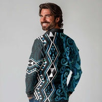 Turquoise Aotearoa Long Sleeve Polo Shirt Taniko Motifs With Paua Shell Kowhaiwhai LT14 - Polynesian Pride