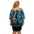 Turquoise Aotearoa Off Shoulder Short Dress Taniko Motifs With Paua Shell Kowhaiwhai