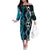 Turquoise Aotearoa Off The Shoulder Long Sleeve Dress Taniko Motifs With Paua Shell Kowhaiwhai