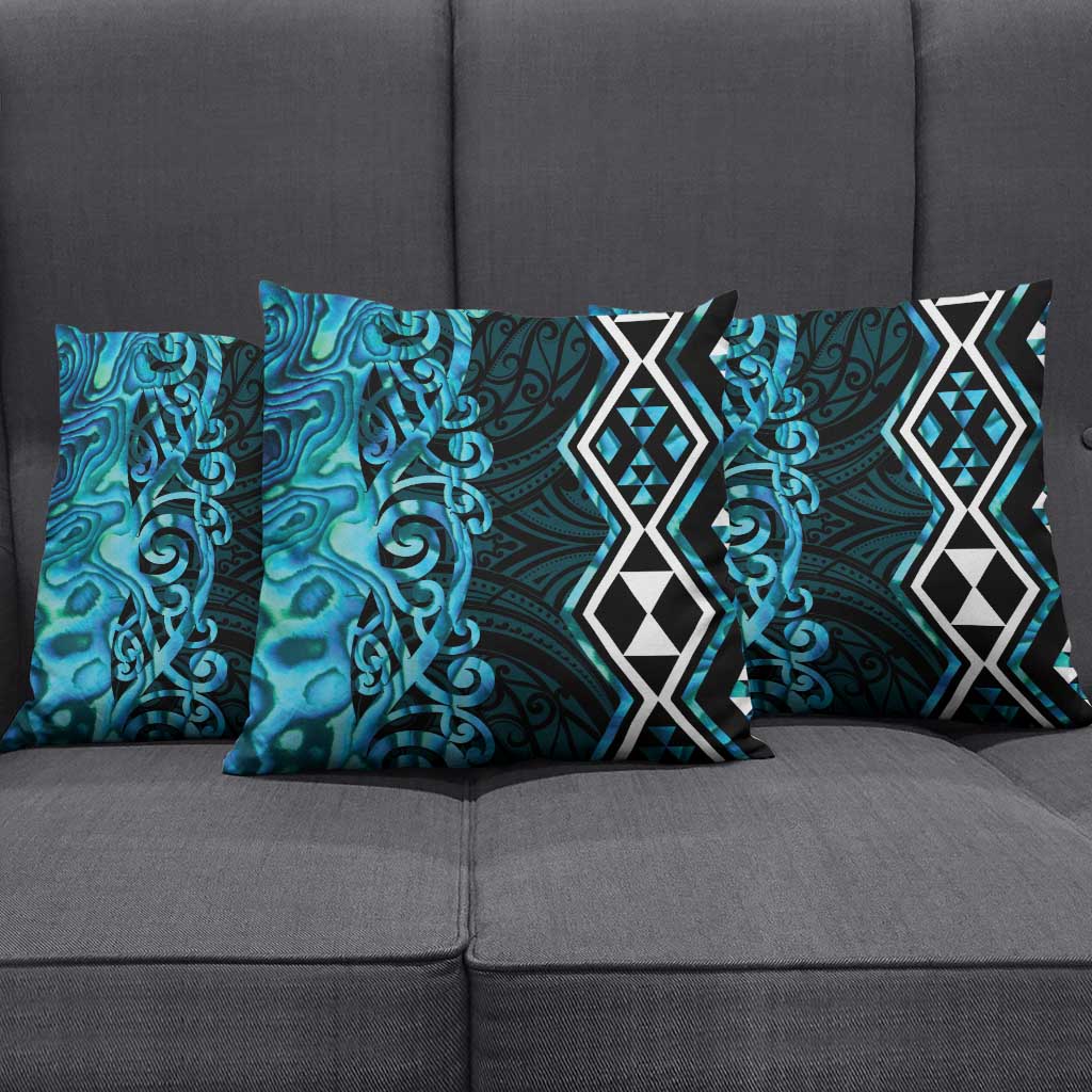 Turquoise Aotearoa Pillow Cover Taniko Motifs With Paua Shell Kowhaiwhai LT14 - Polynesian Pride