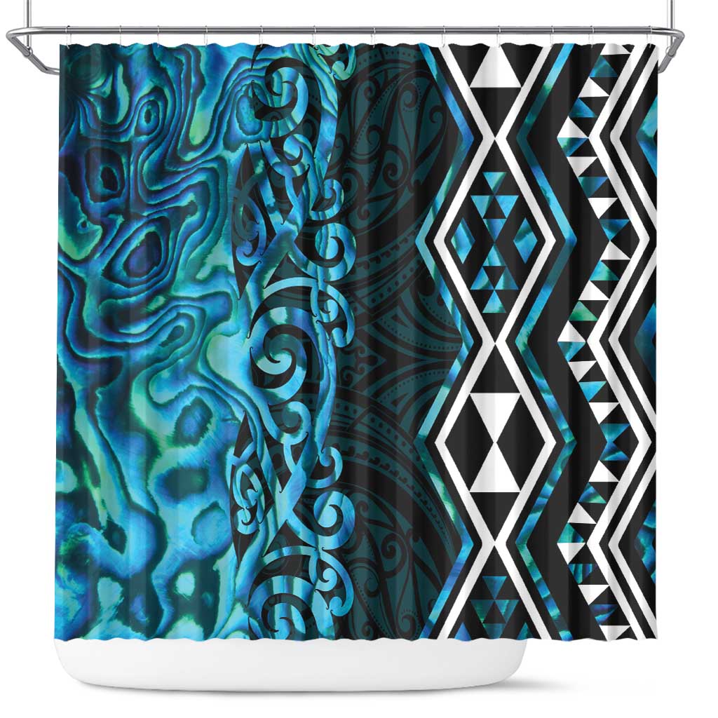 Turquoise Aotearoa Shower Curtain Taniko Motifs With Paua Shell Kowhaiwhai