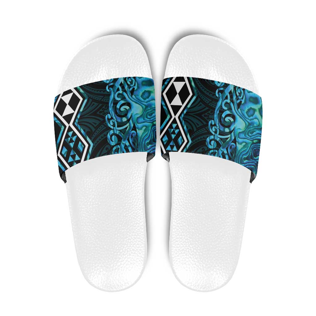Turquoise Aotearoa Slide Sandals Taniko Motifs With Paua Shell Kowhaiwhai LT14 Turquoise - Polynesian Pride