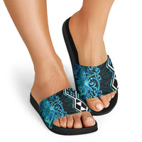 Turquoise Aotearoa Slide Sandals Taniko Motifs With Paua Shell Kowhaiwhai LT14 - Polynesian Pride