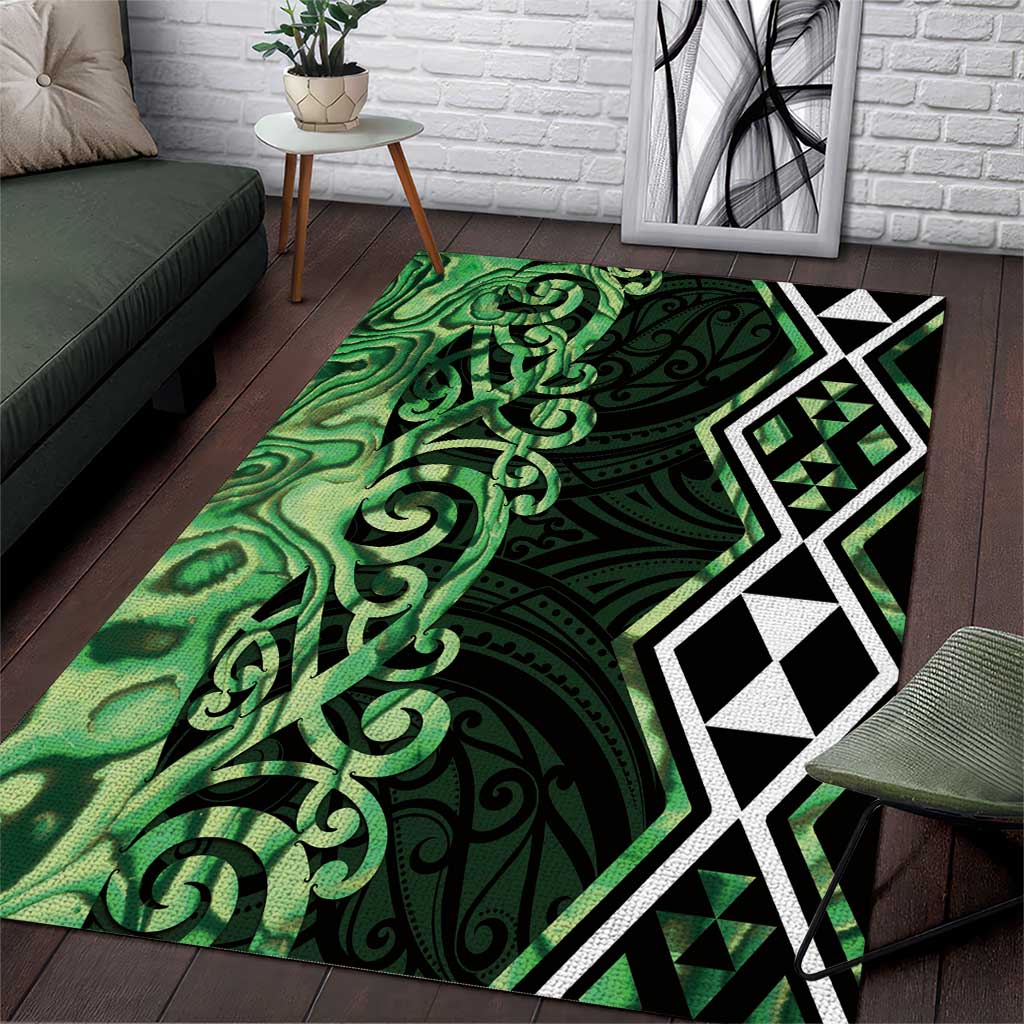 Green Aotearoa Area Rug Taniko Motifs With Paua Shell Kowhaiwhai