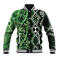 Green Aotearoa Baseball Jacket Taniko Motifs With Paua Shell Kowhaiwhai LT14 Unisex Green - Polynesian Pride