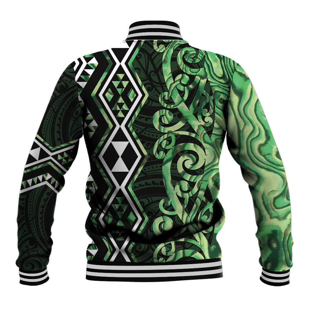 Green Aotearoa Baseball Jacket Taniko Motifs With Paua Shell Kowhaiwhai LT14 - Polynesian Pride