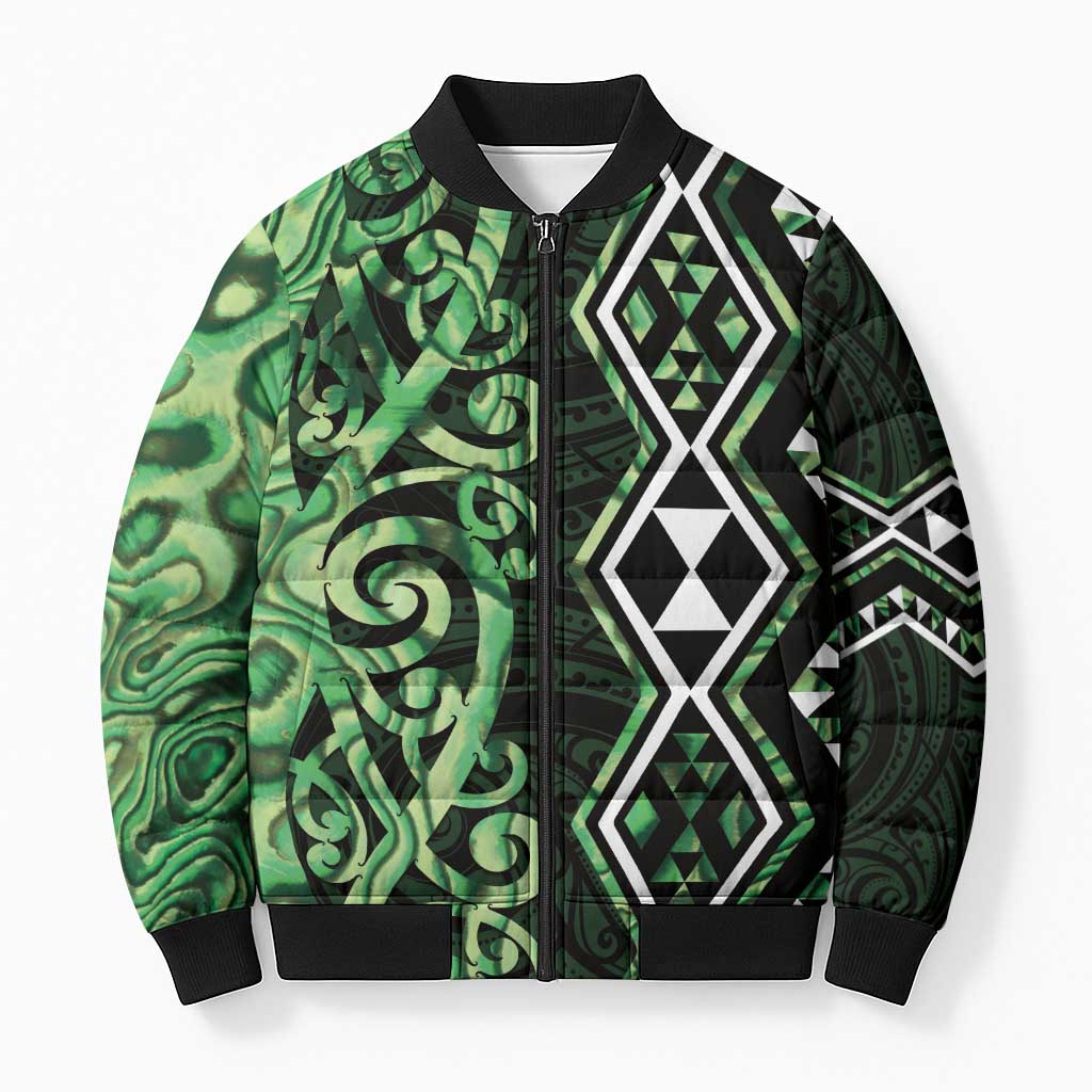 Green Aotearoa Bomber Puffer Jacket Taniko Motifs With Paua Shell Kowhaiwhai LT14 Unisex Green - Polynesian Pride
