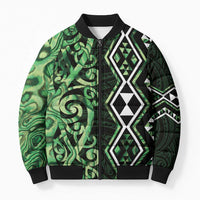 Green Aotearoa Bomber Puffer Jacket Taniko Motifs With Paua Shell Kowhaiwhai LT14 Unisex Green - Polynesian Pride
