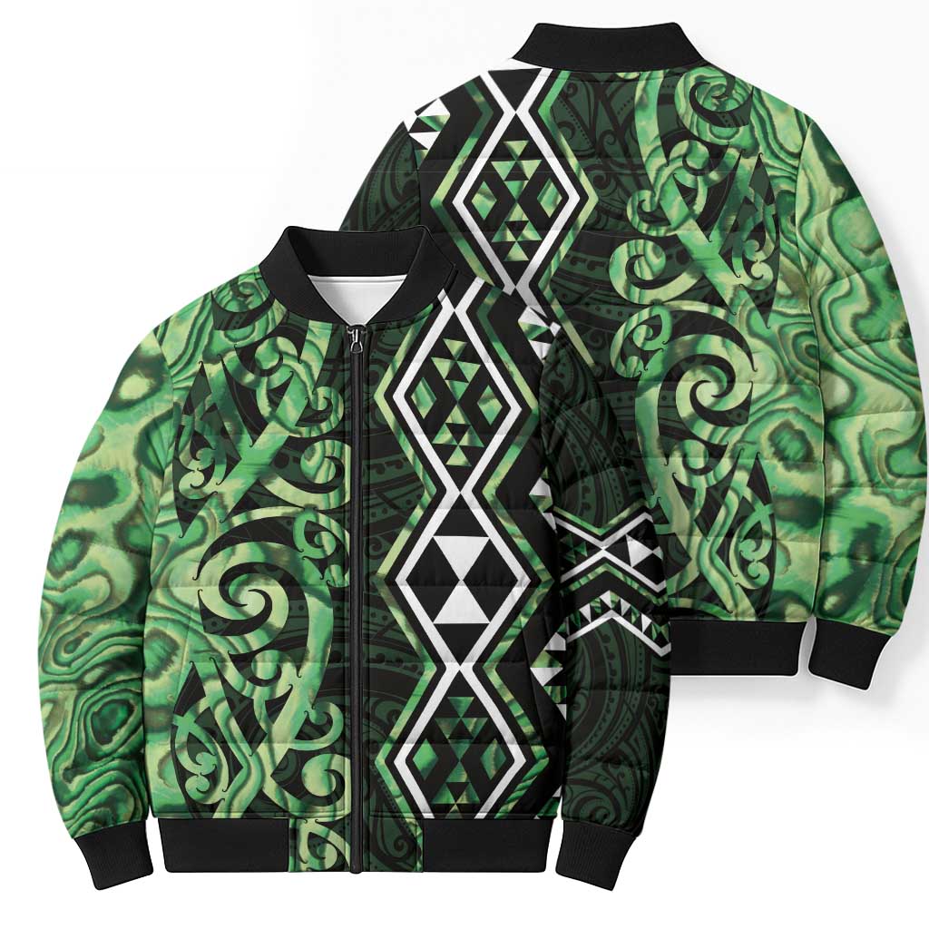 Green Aotearoa Bomber Puffer Jacket Taniko Motifs With Paua Shell Kowhaiwhai LT14 - Polynesian Pride