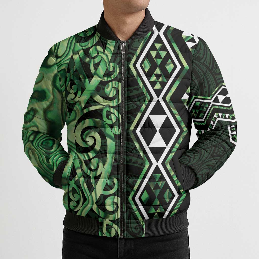 Green Aotearoa Bomber Puffer Jacket Taniko Motifs With Paua Shell Kowhaiwhai LT14 - Polynesian Pride