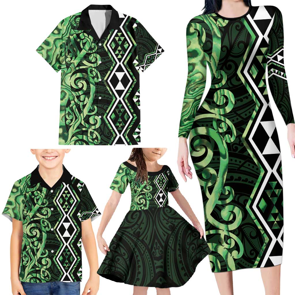 Green Aotearoa Family Matching Long Sleeve Bodycon Dress and Hawaiian Shirt Taniko Motifs With Paua Shell Kowhaiwhai