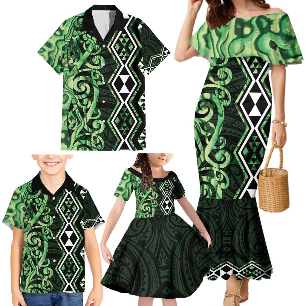 Green Aotearoa Family Matching Mermaid Dress and Hawaiian Shirt Taniko Motifs With Paua Shell Kowhaiwhai