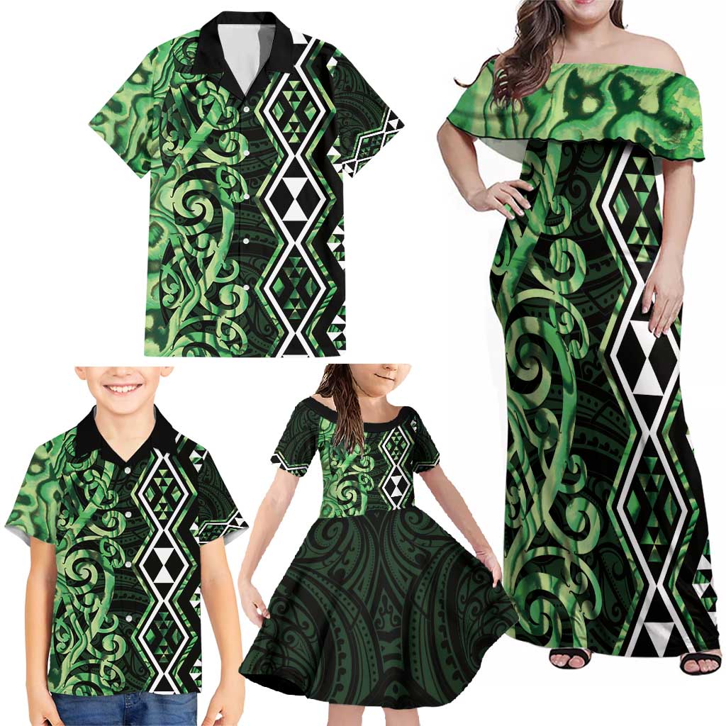 Green Aotearoa Family Matching Off Shoulder Maxi Dress and Hawaiian Shirt Taniko Motifs With Paua Shell Kowhaiwhai