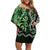 Green Aotearoa Family Matching Off Shoulder Short Dress and Hawaiian Shirt Taniko Motifs With Paua Shell Kowhaiwhai